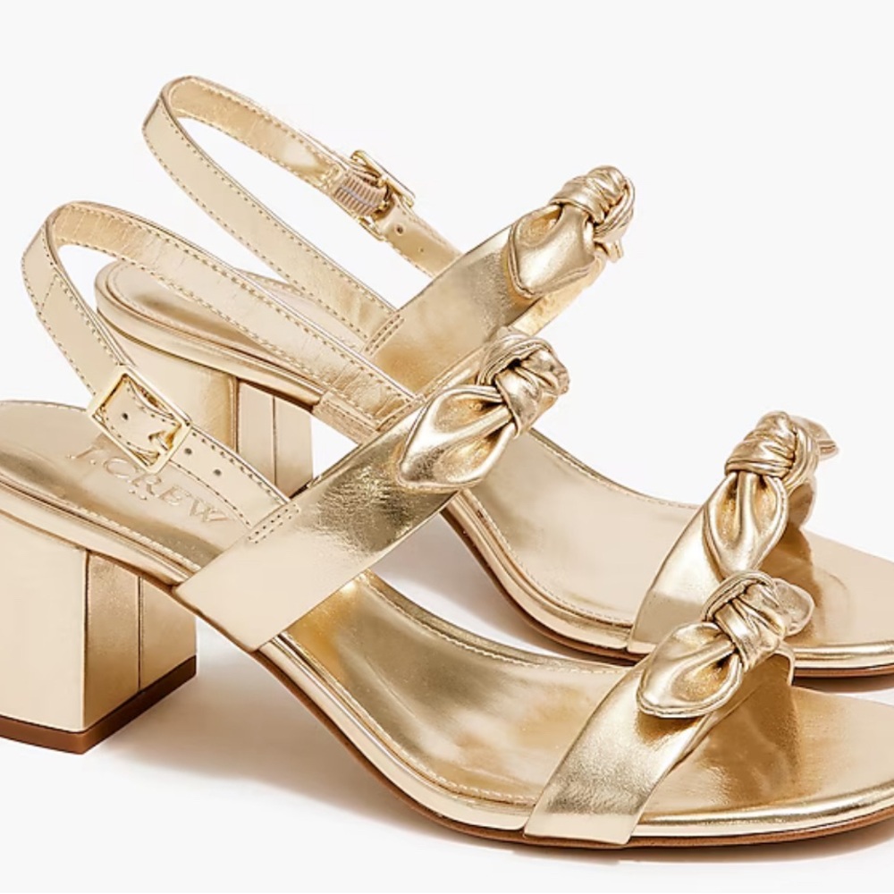 New J Crew gold bow low block heel sandals